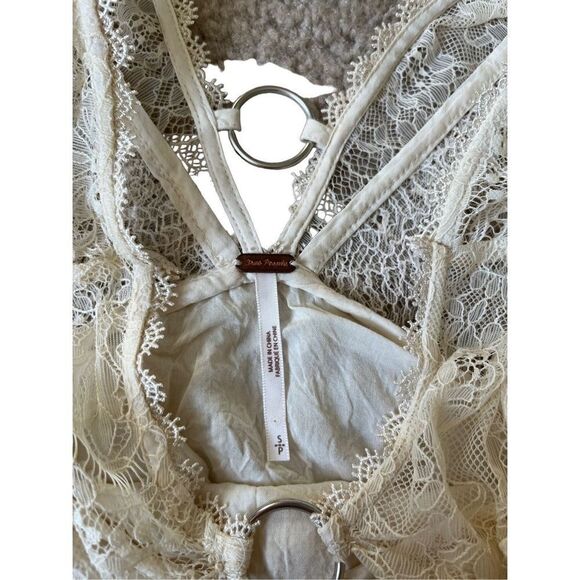 Free People Dont You Dare Lace Trim Mini Dress Boho Flare Beige Size Small - Picture 6 of 12